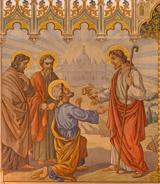 TRNAVA, SLOVACCHIA - 14 OTTOBRE 2014: L'affresco neogotico della scena di Gesù per miracolo a Cana di Leopold Bruckner (1905 - 1906) nella chiesa di San Nicola . — Foto Stock