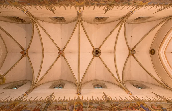 TRNAVA, SLOVAKIA - OCTOBER 14, 2014: The ceiling in nave of gpthic St. Nicholas church. — Stock Photo, Image