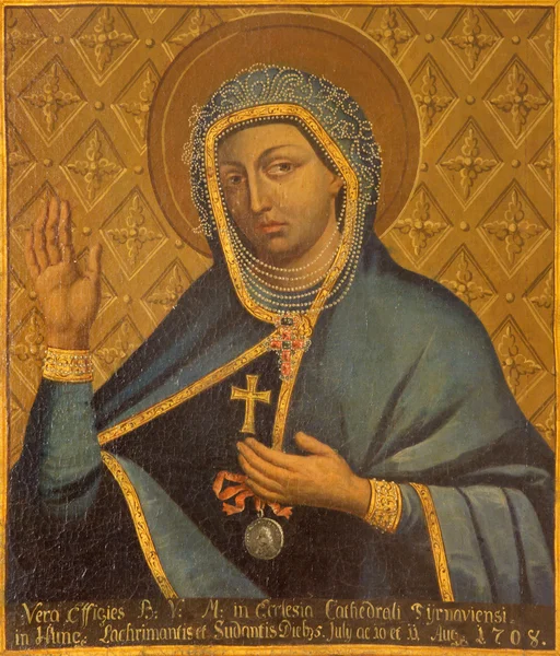 特纳瓦，斯洛伐克-2014 年 10 月 14 日: 漆的圣母玛利亚作为在糊了流行和圣尼古拉斯教堂从未知画家 1708 年从战争女神. — 图库照片