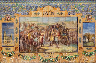 Sevilla, İspanya - 27 Ekim 2014: The Jean kiremitli 'il girinti' duvarlar boyunca Plaza de Espana, biri olarak (1920'lerde) tarafından Domingo Prida.