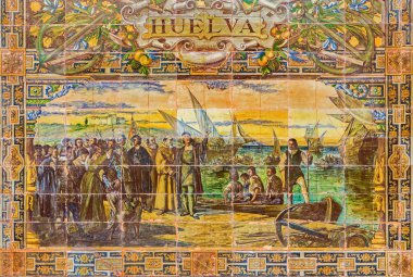 Sevilla, İspanya - 28 Ekim 2014: Huelva kiremitli 'il girinti' duvarlar boyunca Plaza de Espana, biri olarak (1920'lerde) tarafından Domingo Prida.