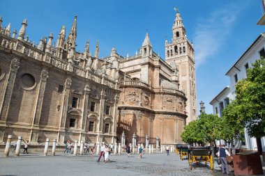 Sevilla, İspanya - 28 Ekim 2014: Katedrali de Santa Maria de la Sede Giralda çan kulesi ile.
