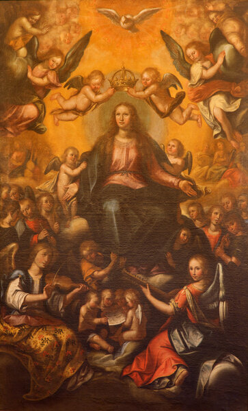 SEVILLE, SPAIN - OCTOBER 28, 2014: The paint Coronation of Virgin Mary in Church of El Salvador (Iglesia del Salvador) by unknown painter from Seville first half of 17. cent.