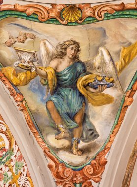 Sevilla, İspanya - 28 Ekim 2014: Angel kilise hastane de los Venerables Sacerdotes tarafından Juan de Valdes Leol (1622-1690 Kupası ile Barok fresco).