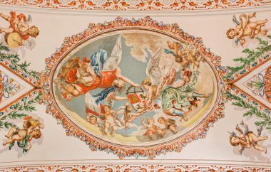 Sevilla, İspanya - 28 Ekim 2014: Melekler kilise hastane de los Venerables Sacerdotes tarafından Juan de Valdes Leol (1622-1690 tavanda sembolik taç ile açık havada).