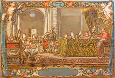 SEVILLE, SPAIN - OCTOBER 28, 2014: The fresco of scene as Emperor Constantine speak on the council in Nicaea (325) in church Hospital de los Venerables Sacerdotes by Juan de Valdes Leal (1622 - 1690) clipart