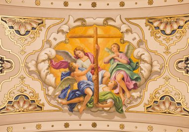 SEVILLE, SPAIN - OCTOBER 29, 2014: The fresco angels with the cross on the ceiling in church Basilica de la Macarena by Rafael Rodrguez (1949) in neobaroque style. clipart