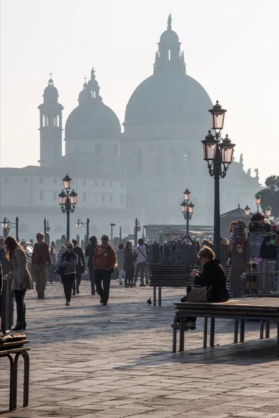 VENICE, ITALY - MARCH 14, 2014: Waterfront for Doge palace and Santa Maria della Salute church in evening light — Stock Photo, Image