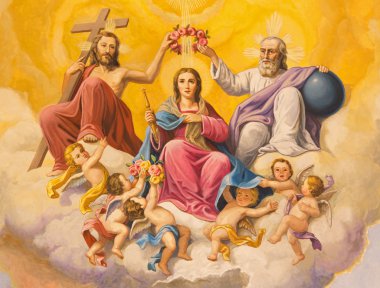 Sevilla, İspanya - 29 Ekim 2014: Fresk Meryem Ana taç giyme töreni, neobaroque tarzı Basilica de la Macarena Rafael Rodrguez (1949) tarafından kilisede papaz tavanda.