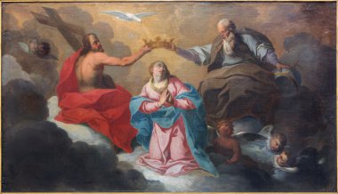 Bruges, Belçika - 12 Haziran 2014: Meryem Ana taç giyme boya tespih Saint Walburga kilise gizemleri 14 Resim Sergisi parçası olarak J. Garemijn (1750) tarafından.