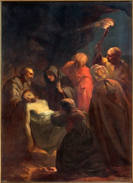 Brugia, Belgia - 12 czerwca 2014: Malarstwo pogrzeb Chrystusa przez nieznanego malarza jako część drogi krzyżowej w kościele st. Jacobs (Jakobskerk). — Zdjęcie stockowe