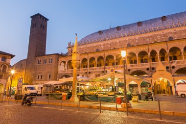Padua, İtalya - 9 Eylül 2014: Piazza della Fruta sabah akşam Pazar ve Palazzo dalla Ragione içinde.