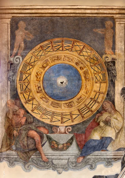 PADUA, ITALY - SEPTEMBER 9, 2014: The fresco of the clock and the zodiac  in church Santa Maria dei Servi from 15. cent. — Stock Photo, Image