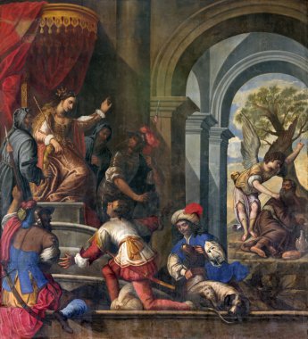 PADUA, ITALY - SEPTEMBER 9, 2014: Pain of Old Testamnet scene with prophet Elijah and  queen Jezebel in church Basilica del Carmine from 17. cent by unknown painter. clipart