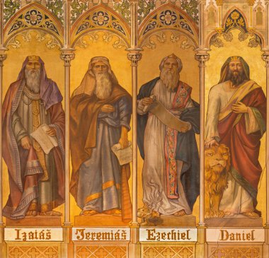 TRNAVA, SLOVAKIA - OCTOBER 14, 2014: The neo-gothic fresco of big prophets Isaiah, Jeremiah, Ezekiel, Daniel by Leopold Bruckner (1905 - 1906) in Saint Nicholas church. clipart
