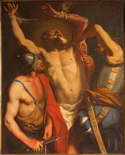 PADUA, ITALY - SEPTEMBER 10, 2014: The Martyrium of Saint Bartholomew the apostle by unknown painter of 18. cent. in the little chapel on Piazza del Santo. — Stock Photo, Image