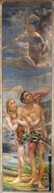 VERONA - JANUARY 27: Fresco of expulsion of Adam and Eva from Paradise  by Agostino Pegrassi from year 1932 in San Bernardino church and Canossa chapel on January 27, 2013 in Verona, Italy.