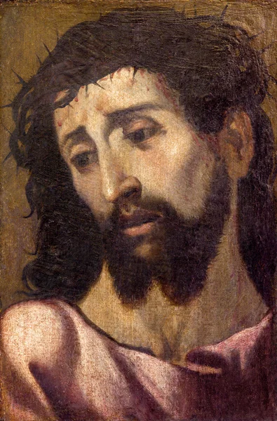 西班牙塞维利亚-2014 年 10 月 28 日: 小美术肖像的耶稣基督与通过多种方式在教会教堂圣罗克从 17 冠。%。由不知名画家. — 图库照片