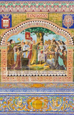 Sevilla, İspanya - 28 Ekim 2014: Logroño Plaza de Espana duvarlar boyunca kiremitli 'il girinti' biri olarak (1920'lerde) fark Domingo Prida tarafından.