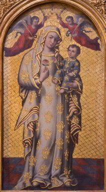 Sevilla, İspanya - 28 Ekim 2014: Madonna boya (Virgen de la Antigua) Juan Ruiz Soriano (1715) içinde Barok kilise El Salvador (Iglesia del Salvador tarafından).