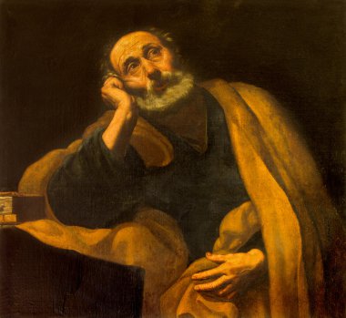 Sevilla, İspanya - 28 Ekim 2014: Saint Peter havari tarafından bilinmeyen ressam okul Sevilla form sonunda 17. cent. Barok kilise, El Salvador'da (Iglesia del Salvador).