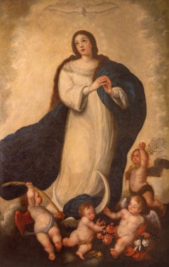 Sevilla, İspanya - 28 Ekim 2014: Tertemiz anlayışı boya Seville formu 18 okulda bilinmeyen ressam tarafından. cent. Barok kilise, El Salvador'da (Iglesia del Salvador).