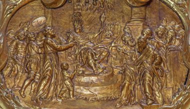 Vienna, Avusturya - ö. 17 Şubat 2014: Barok yan Şapel bir rahatlama St Francis xavier Barok St annes kilisede. Kutsal missioners hayat sahnesinden.