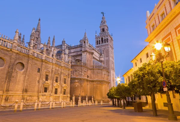 Sevilla - Kathedrale Santa Maria de la Sede mit dem Glockenturm der Giralda in der Morgendämmerung. — Stockfoto