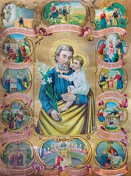SEBECHLEBY, SLOVAKIA - JANUARY 2, 2015: Typical catholic image of st. Joseph with the scenes from the life printed in Germany from the end of 19. cent. originally by unknown painter.