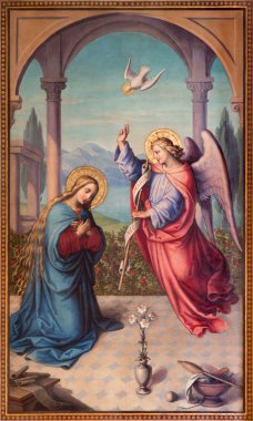 Vienna, Avusturya - 17 Aralık 2014: Duyuru boya 20. Josef Kastner genç tarafından Muttergotteskirche chruch yüzde.