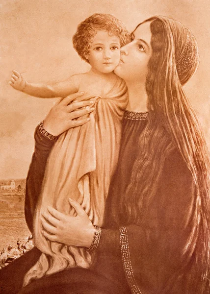 SEBECHLEBY, SLOVAKIA - JANUARY 3, 2015: Typical catholic image of Madonna with the child (in my own home) printed in Germany from the end of 19. cent. originally by unknown painter. — Stock Photo, Image