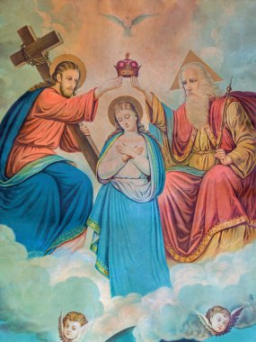 Sebechleby, Slovakya - 29 Aralık 2014: 19 sonundan itibaren Almanya'da tipik Katolik görüntü taç giyme töreni, Meryem Ana (kendi evimde) basılmış. cent. Aslında bilinmeyen ressam tarafından.