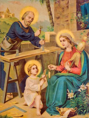 SEBECHLEBY, SLOVAKIA - JANUARY 2, 2015: Typical catholic image printed image of Holy Family from the end of 19. cent.  printed in Germany originally by unknown painter.