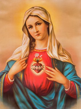 SEBECHLEBY, SLOVAKIA - JANUARY 6, 2015: The Heart of Virgin Mary. Typical catholic image printed in Germany from the end of 19. cent. originally by unknown painter. clipart