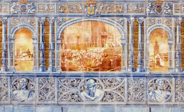 Sevilla, İspanya - 28 Ekim 2014: Plaza de Espana duvarlar boyunca kiremitli 'il girinti' bir parçası olarak dans 