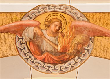 Vienna, Avusturya - 17 Aralık 2014: Melek Josef Kastner 20 genç tarafından ateşle fresk. yüzde Muttergotteskirche kilisede.
