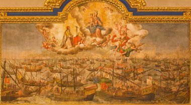 SEVILLE, SPAIN - OCTOBER 29, 2014: The paint of Battle of Lepanto from 7. 10. 1571 in the church Iglesia de Santa Maria Magdalena by Lucas Valdez (1661 - 1725). clipart