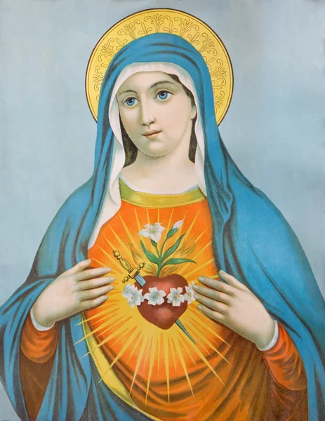 SEBECHLEBY, SLOVAKIA - JANUARY 3, 2015: The Heart of Virgin Mary. Typical catholic image (in my own home) printed in Germany from the end of 19. cent. originally by unknown painter. — Stock Photo, Image