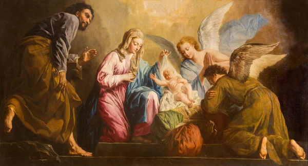 VIENA, AUSTRIA - 17 DE DICIEMBRE DE 2014: La pintura de la Natividad en el presbiterio de la iglesia de Salesianerkirche por Giovanni Antonio Pellegrini (1725-1727 ). — Foto de Stock