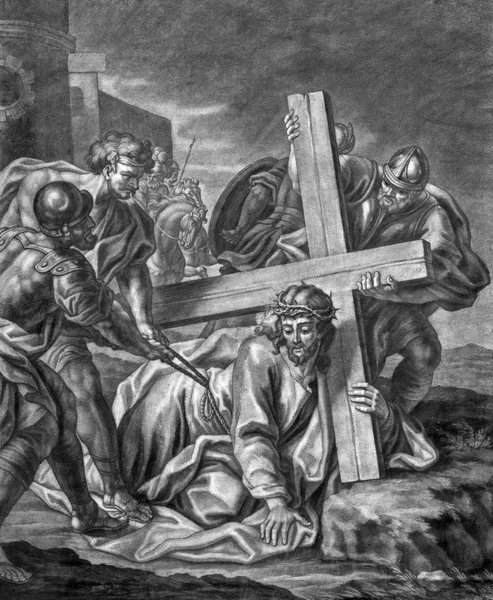 VIENNA, AUSTRIA - DECEMBER 17, 2014: The Jesus fall under cross old lithography from 18. cent. by Johannes Lorenz Haid in Salesianerkirche church as the part of Cross way cycle.