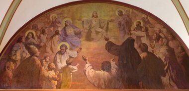 Vienna, Avusturya - 17 Aralık 2014: Fresk kalp İsa Mesih'in Herz Jesu Kirche Franz Zimmerman (1922-1925 tarafından antre Aziz ile)