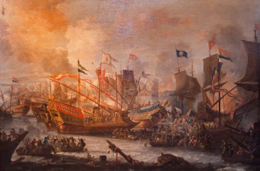 ANTWERP, BELGIUM - SEPTEMBER 5, 2013: The paint of Battle of Lepanto from 7. 10. 1571 by unknown painter in Saint Pauls church (Paulskerk). clipart