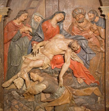 BANSKA STIAVNICA, SLOVAKIA - FEBRUARY 5, 2015: The detail of carved statue of Pieta as the part of baroque Calvary from years 1744 - 1751.