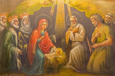 JERUSALEM, ISRAEL - MARCH 3, 2015: The fresco of Nativity in The  Greek Orthodox Church of the Assumption (Marys tomb) in Kidron valley by unknown artist.