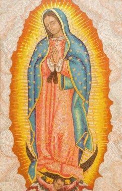 JERUSALEM, ISRAEL - MARCH 3, 2015: The mosaic of Our Lady of Guadalupe in Dormition abbey by monk and artist Radbod Commandeur from the Benedictine Abbey of Maria Laach.