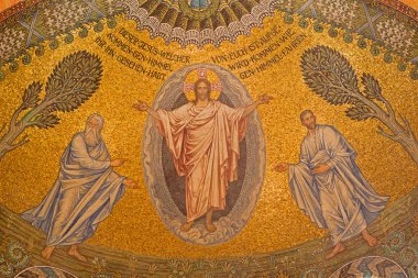 JERUSALEM, ISRAEL - MARCH 3, 2015: The mosaic of resurrected Christ on ceiling of Evangelical Lutheran Church of Ascension designed by H. Schaper and F. Pfannschmidt (1988-1991) clipart