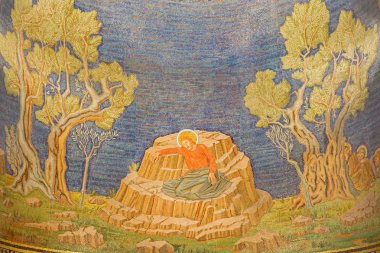 JERUSALEM, ISRAEL - MARCH 3, 2015: The mosaic of Jesus in Gethsemane garden in The Church of All Nations (Basilica of the Agony) by Pietro D'Achiardi (1922 - 1924). clipart