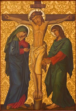 JERUSALEM, ISRAEL - MARCH 4, 2015: The Crucifixion paint from end of 19. cent. by unknown artist as part of cross way cylce in Armenian Church Of Our Lady Of The Spasm.