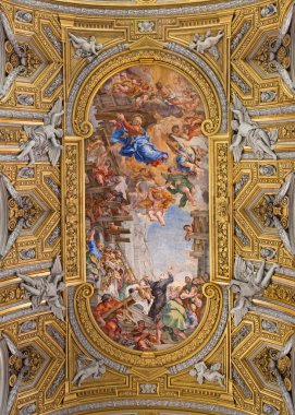 ROME, ITALY - MARCH 26, 2015: The baroque ceiling fresco  (Miracle of the Madonna della Vallicella) in church Chiesa Nuova (Santa Maria in Vallicella) by Pietro da Cortona (1664 - 1665).
