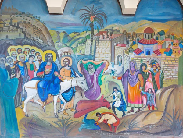 BETHLEHEM, ISRAEL - MARCH 6, 2015: The modern fresco of Palm Sunday from 20.cent. in Syrian orthodox church by artist K. Veniadis (1987).
